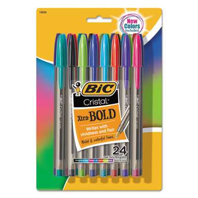 BIC Cristal Xtra Bold, Pack of 24 Assorted Ink and Barrel Colors