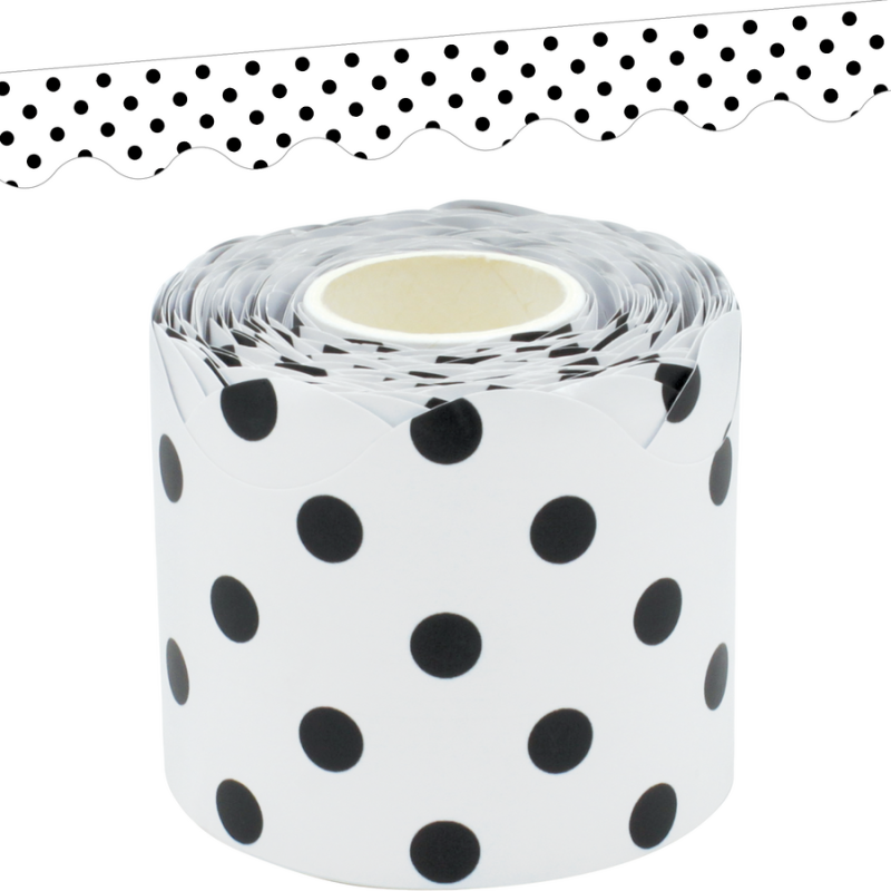 Black Polka Dots on White Scalloped Rolled Border Trim