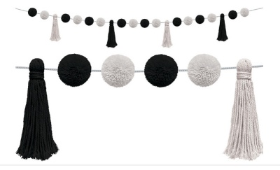 Black and White Pom-Poms and Tassels Garland