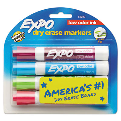 Low-Odor Dry-Erase Marker, Broad Chisel Tip, Assorted Colors, 4/Set